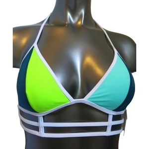 Victoria's Secret PINK Teal Yellow Seafoam Triangle Caged Halter Swim Top M